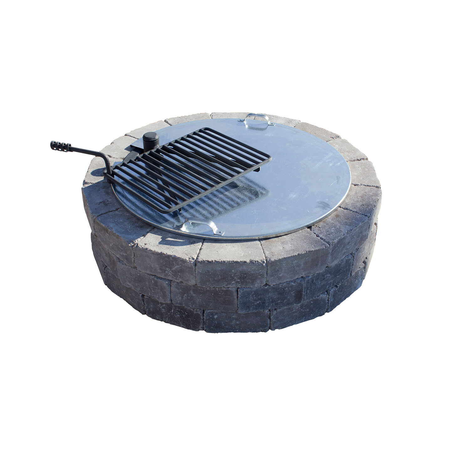 Masonry fire pit with steel lid and cooking grate